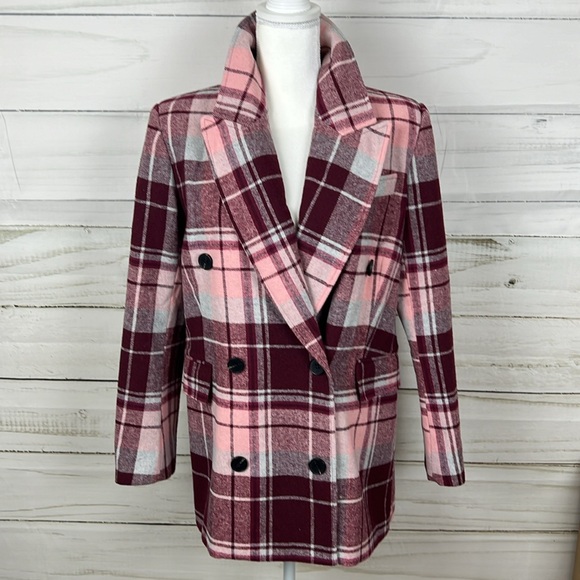 7 For All Mankind Plaid Blazer Double Breasted Burgundy Medium - Picture 1 of 7